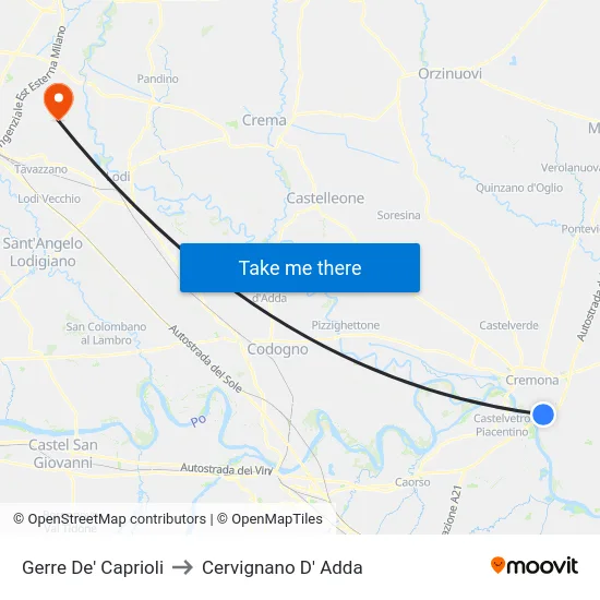 Gerre De' Caprioli to Cervignano D' Adda map