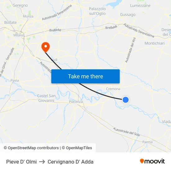 Pieve D' Olmi to Cervignano d'Adda map