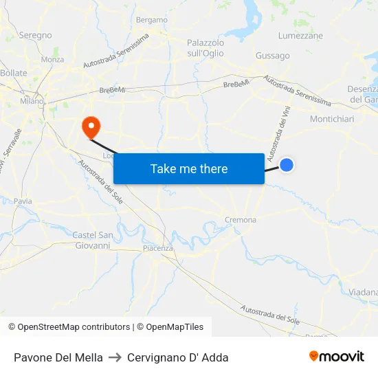 Pavone Del Mella to Cervignano d'Adda map