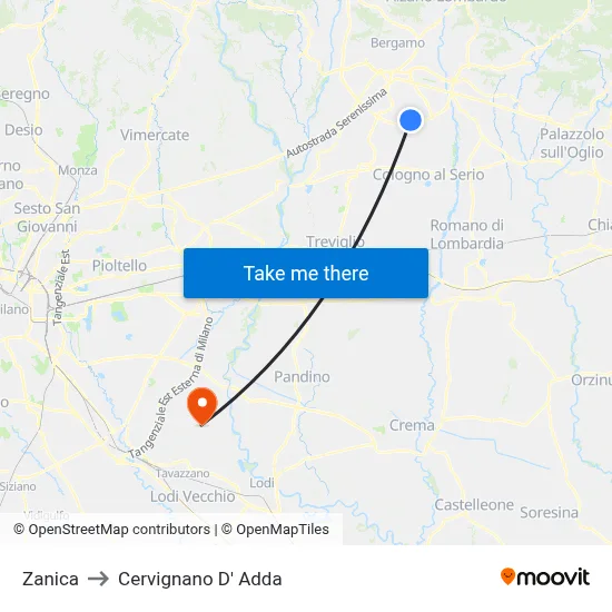 Zanica to Cervignano d'Adda map