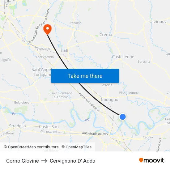 Corno Giovine to Cervignano D' Adda map