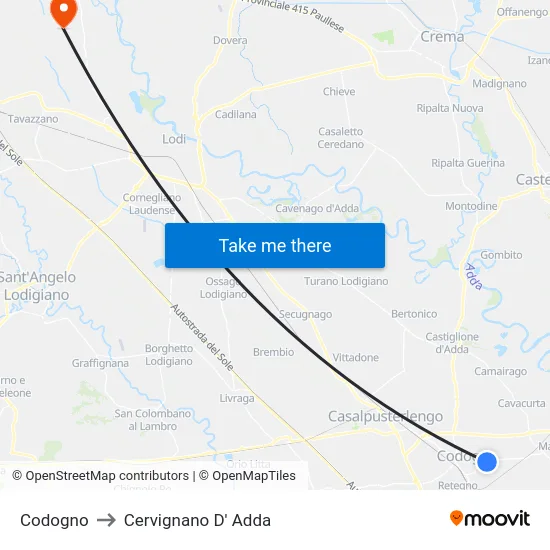 Codogno to Cervignano D' Adda map