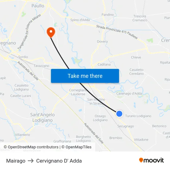 Mairago to Cervignano d'Adda map