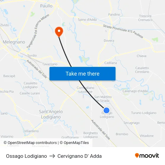 Ossago Lodigiano to Cervignano D' Adda map