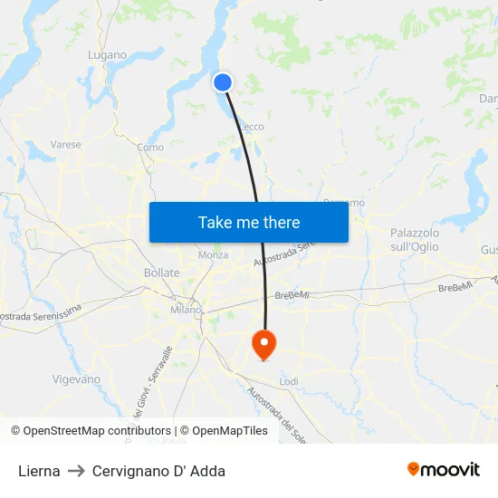 Lierna to Cervignano D' Adda map