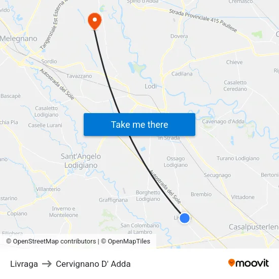 Livraga to Cervignano D' Adda map