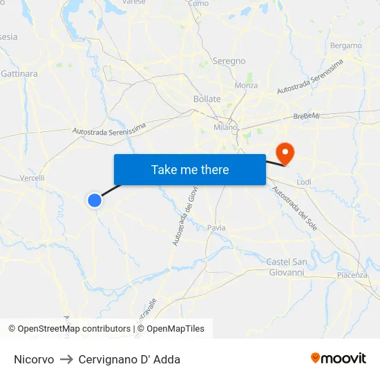 Nicorvo to Cervignano D' Adda map