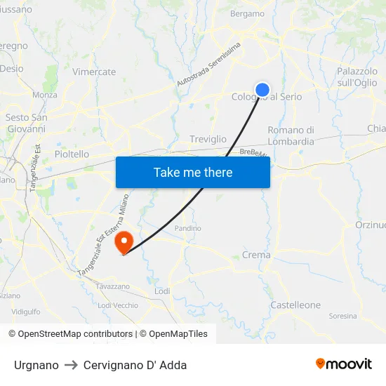 Urgnano to Cervignano D' Adda map