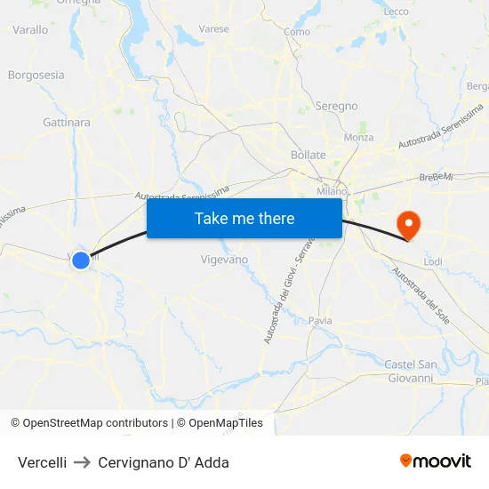 Vercelli to Cervignano D' Adda map
