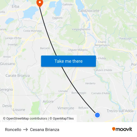 Roncello to Cesana Brianza map