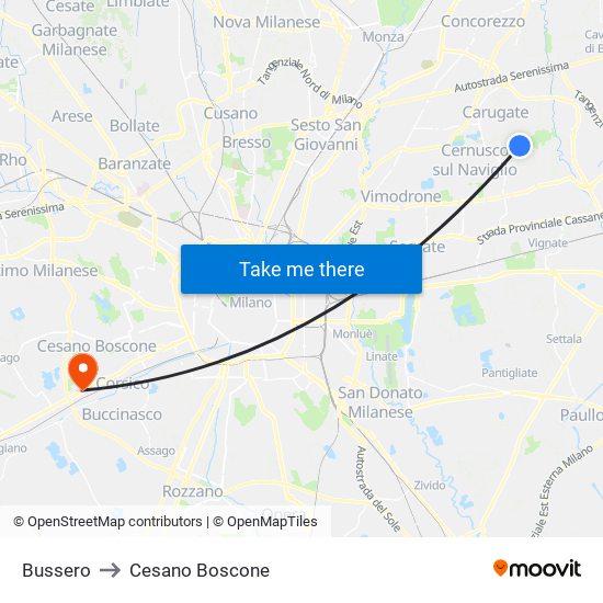 Bussero to Cesano Boscone map