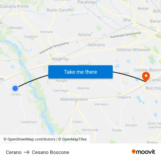 Cerano to Cesano Boscone map