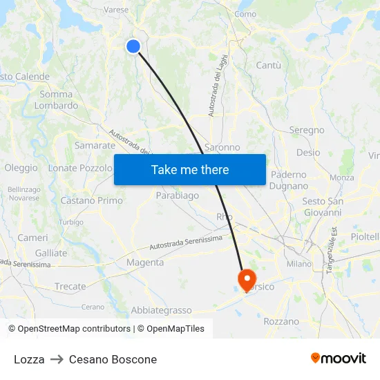 Lozza to Cesano Boscone map