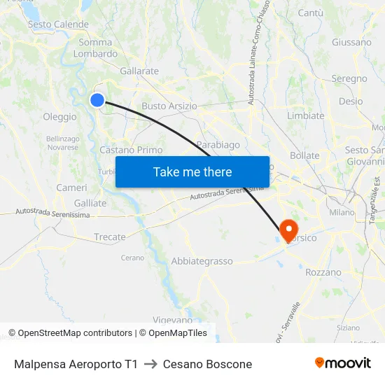 Malpensa Aeroporto T1 to Cesano Boscone map