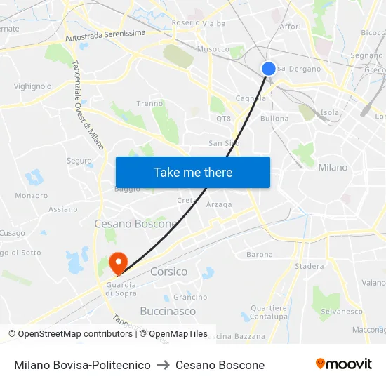 Milano Bovisa-Politecnico to Cesano Boscone map