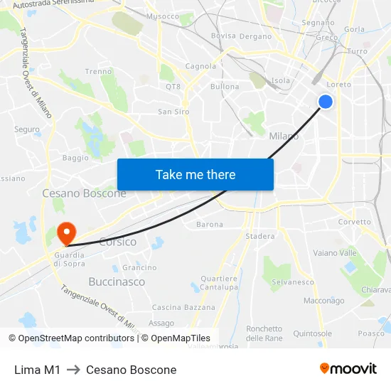 Lima M1 to Cesano Boscone map