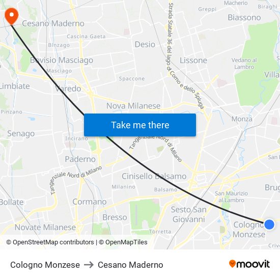 Cologno Monzese to Cesano Maderno map