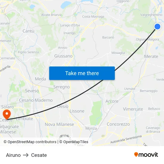 Airuno to Cesate map