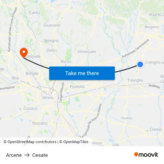 Arcene to Cesate map