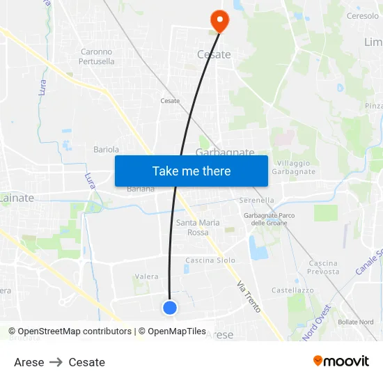 Arese to Cesate map