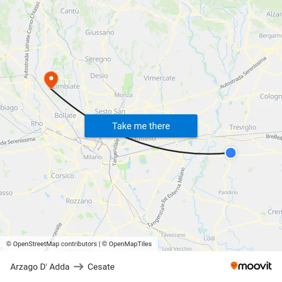 Arzago d'Adda to Cesate map