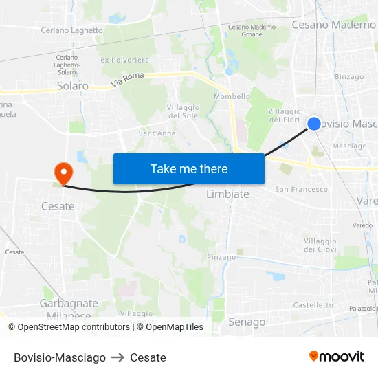 Bovisio-Masciago to Cesate map