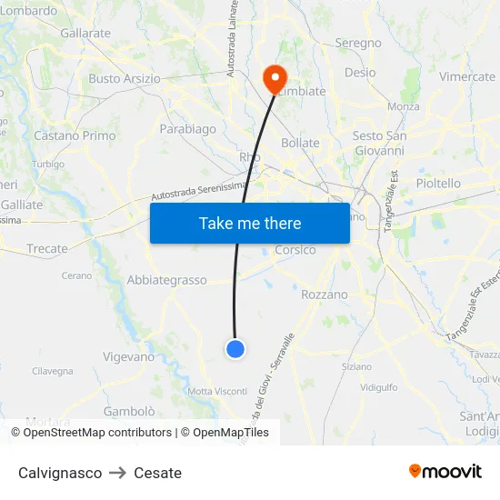 Calvignasco to Cesate map