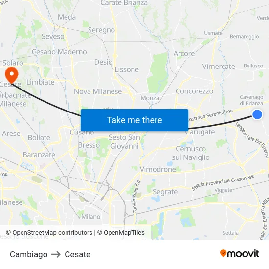 Cambiago to Cesate map