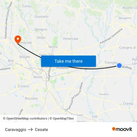 Caravaggio to Cesate map