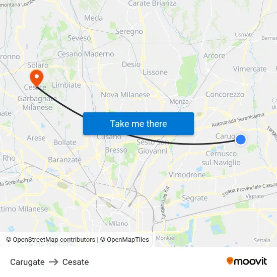 Carugate to Cesate map