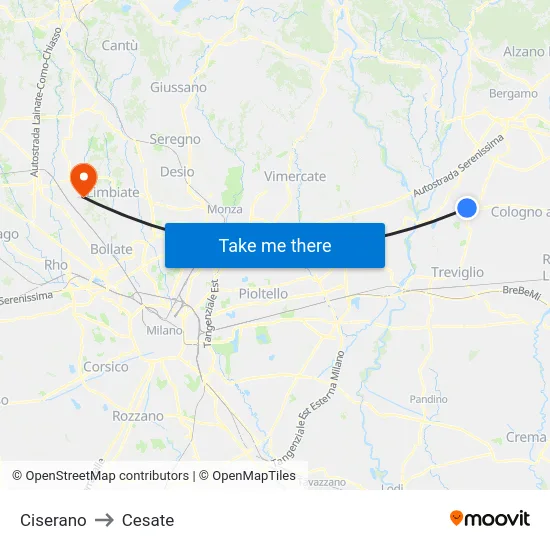 Ciserano to Cesate map