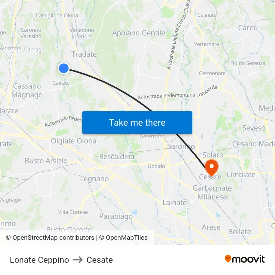 Lonate Ceppino to Cesate map