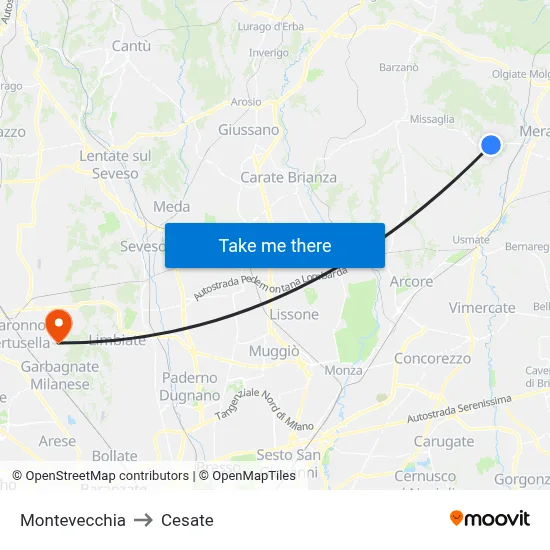 Montevecchia to Cesate map