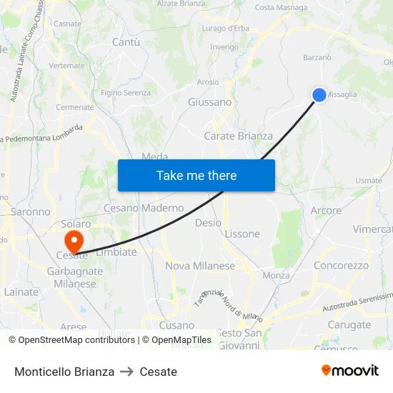 Monticello Brianza to Cesate map