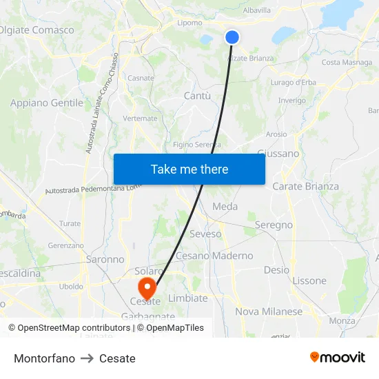 Montorfano to Cesate map