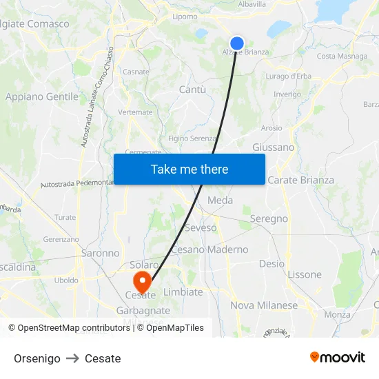 Orsenigo to Cesate map
