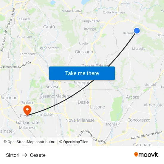 Sirtori to Cesate map
