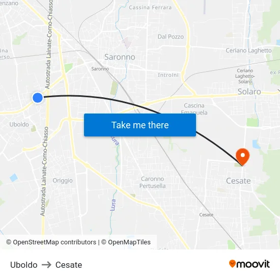 Uboldo to Cesate map
