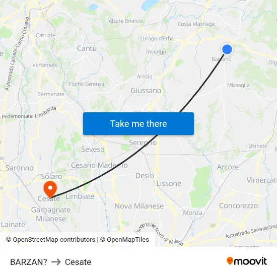 Barzan to Cesate map