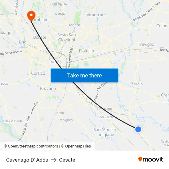 Cavenago D' Adda to Cesate map