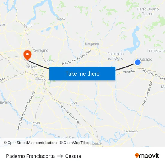 Paderno Franciacorta to Cesate map