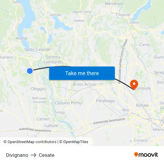 Divignano to Cesate map
