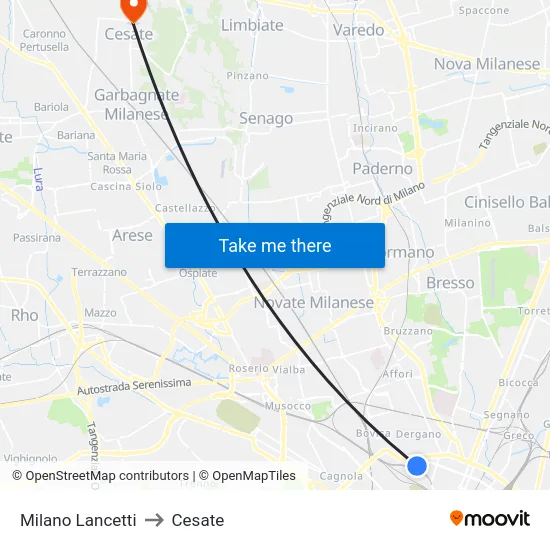 Milano Lancetti to Cesate map