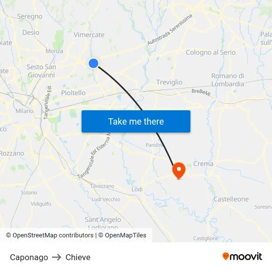 Caponago to Chieve map