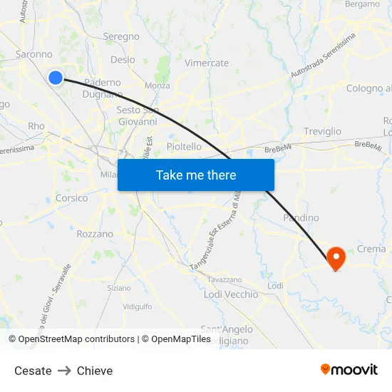 Cesate to Chieve map