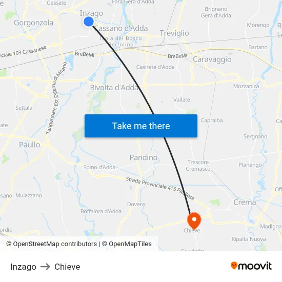 Inzago to Chieve map