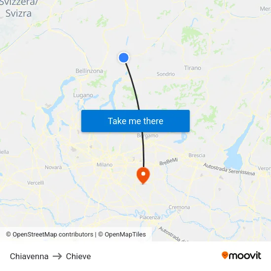 Chiavenna to Chieve map