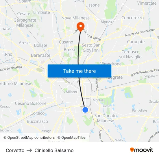 Corvetto to Cinisello Balsamo map