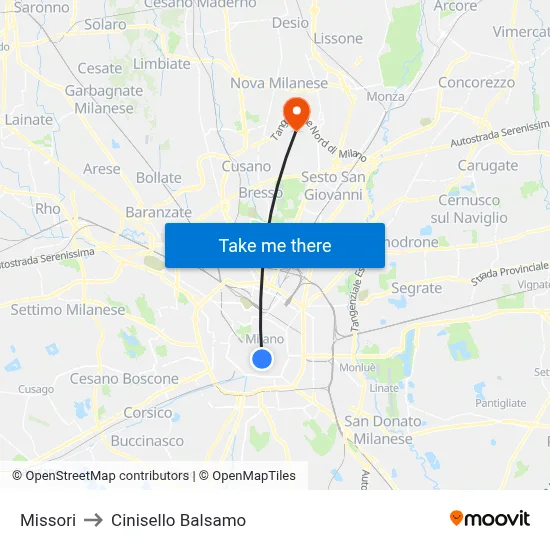 Missori to Cinisello Balsamo map