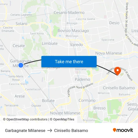 Garbagnate Milanese to Cinisello Balsamo map